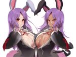  2girls :q animal_ears bangs black_hisui_(cookie) black_jacket blazer blush breasts bunny_ears buttons cleavage closed_mouth collared_shirt cookie_(touhou) cum cum_on_body cum_on_breasts dark_skin dark_skinned_female eyebrows_visible_through_hair facial highres hisui_(cookie) jacket large_breasts long_hair long_sleeves looking_at_viewer multiple_girls necktie onakon_3-nichi-me open_clothes open_jacket open_shirt parted_bangs pink_skirt purple_eyes red_eyes red_neckwear reisen_udongein_inaba shirt simple_background skirt smile tan tongue tongue_out touhou upper_body white_background white_shirt 