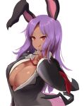  1girl :q animal_ears bangs black_hisui_(cookie) black_jacket blush breasts bunny_ears cleavage collared_shirt commentary_request cookie_(touhou) dark_skin dark_skinned_female eyebrows_visible_through_hair highres hisui_(cookie) jacket large_breasts long_hair looking_at_viewer necktie onakon_3-nichi-me open_clothes open_jacket open_shirt parted_bangs pink_skirt purple_hair red_eyes red_neckwear reisen_udongein_inaba shirt skirt smile solo tongue tongue_out touhou upper_body white_shirt 