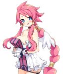  1girl :d angel_wings blue_eyes braid braided_ponytail breasts cleavage cowboy_shot disgaea dress hair_tubes highres large_breasts long_hair looking_at_viewer makai_senki_disgaea_4 namamoto open_mouth pink_hair short_dress sidelocks simple_background single_braid smile solo vulcanus_(disgaea_4) white_background white_dress white_wings wings wrist_cuffs 