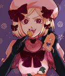  1girl black_gloves blonde_hair bow candy choker cookie dress food gingerbread_cookie gloves holding holding_candy holding_food holding_lollipop lambdadelta lollipop open_mouth pink_dress pink_headwear puffy_sleeves red_eyes short_hair suu_(dsg4sak) umineko_no_naku_koro_ni 