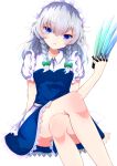  1girl arm_support bangs bare_legs between_fingers blue_dress blue_eyes blush bow braid breasts crossed_legs dress eyebrows_visible_through_hair feet_out_of_frame frills green_bow hair_between_eyes hair_bow hair_ribbon hand_up highres holding holding_knife iridescent izayoi_sakuya knife long_hair looking_at_viewer maid_headdress medium_breasts parted_lips puffy_short_sleeves puffy_sleeves ribbon short_sleeves side_braids silver_hair simple_background solo throwing_knife tomoe_(fdhs5855) touhou tress_ribbon twin_braids weapon white_background white_headwear wing_collar 