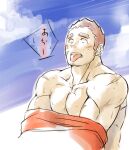  1boy bara bare_pecs blush cropped_torso facial_hair goatee gunzo_(tokyo_houkago_summoners) katoributa_a male_focus muscular muscular_male pectorals scar scar_on_arm scar_on_chest shirt_removed short_hair sideburns solo stubble sweat thick_eyebrows tokyo_houkago_summoners tongue tongue_out upper_body 