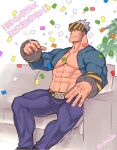  1boy abs bara boku_no_hero_academia bulge character_request confetti couch feet_out_of_frame forehead_protector happy_birthday large_pectorals male_cleavage male_focus mature_male muscular muscular_male navel on_couch ono_(ohno_ha) short_hair shrug_(clothing) sideburns sitting solo spread_legs stomach taut_clothes thick_thighs thighs 