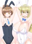  2girls animal_ears armpits arms_up bangs bare_legs bare_shoulders black_headband black_leotard blonde_hair blue_bow blue_neckwear blush bow bowtie breasts brown_eyes brown_hair bunny_ears bunny_tail covered_navel cowboy_shot detached_collar fake_animal_ears fake_tail gachorin gradient gradient_background hair_between_eyes headband heart highres huge_breasts leotard medium_breasts multiple_girls necktie open_mouth pink_background playboy_bunny strapless strapless_leotard swept_bangs tail tenjouin_asuka white_headband white_leotard yellow_eyes yu-gi-oh! yu-gi-oh!_gx yu-gi-oh!_vrains zaizen_aoi 