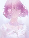  1girl ajimita bob_cut cherry_blossoms collarbone eyebrows_visible_through_hair flower hair_over_one_eye light_smile looking_at_viewer muted_color original petals pink_hair portrait shadow short_hair solo twitter_username wind 