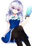  1girl arm_support bangs between_fingers black_legwear blue_dress blue_eyes blush bow braid breasts crossed_legs dress eyebrows_visible_through_hair feet_out_of_frame frills green_bow hair_between_eyes hair_bow hair_ribbon hand_up highres holding holding_knife iridescent izayoi_sakuya knife long_hair looking_at_viewer maid_headdress medium_breasts pantyhose parted_lips puffy_short_sleeves puffy_sleeves ribbon short_sleeves side_braids silver_hair simple_background solo throwing_knife tomoe_(fdhs5855) touhou tress_ribbon twin_braids weapon white_background white_headwear wing_collar 