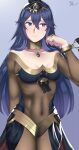  1girl absurdres arcedo armlet bare_shoulders blue_eyes blue_hair blush bracelet breasts cape circlet cleavage dancer earrings fire_emblem fire_emblem_awakening fire_emblem_heroes hair_between_eyes highres jewelry long_hair looking_at_viewer lucina_(fire_emblem) medium_breasts midriff necklace open_mouth ponytail simple_background solo tiara 