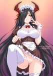  1girl alternate_costume apron artist_name azur_lane biting black_hair breasts burbur character_name commentary dress english_commentary eyebrows_visible_through_hair friedrich_der_grosse_(azur_lane) from_below hair_ornament hair_over_one_eye hand_to_own_mouth horn_ornament horns lifted_by_self lip_biting lips long_hair looking_at_viewer looking_down maid maid_apron maid_headdress mechanical_horns panties pantyshot red_horns ribbon skirt skirt_lift smile standing underwear upskirt waist_apron watermark white_apron white_legwear yellow_eyes 