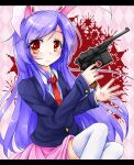  1girl animal_ears argyle argyle_background bangs black_jacket blazer blush bunny_ears closed_mouth collared_shirt commentary_request cookie_(touhou) feet_out_of_frame gun handgun hisui_(cookie) holding holding_gun holding_weapon jacket letterboxed long_hair long_sleeves looking_to_the_side luger_p08 necktie neko_mata pink_background pink_skirt pistol pleated_skirt purple_hair red_eyes red_neckwear reisen_udongein_inaba shirt skirt solo swept_bangs thighhighs touhou weapon white_legwear white_shirt 