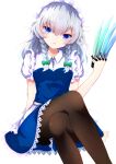  1girl arm_support bangs between_fingers blue_dress blue_eyes blush bow braid breasts brown_legwear crossed_legs dress eyebrows_visible_through_hair feet_out_of_frame frills green_bow hair_between_eyes hair_bow hair_ribbon hand_up highres holding holding_knife iridescent izayoi_sakuya knife long_hair looking_at_viewer maid_headdress medium_breasts pantyhose parted_lips puffy_short_sleeves puffy_sleeves ribbon short_sleeves side_braids silver_hair simple_background solo throwing_knife tomoe_(fdhs5855) touhou tress_ribbon twin_braids weapon white_background white_headwear wing_collar 