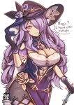  1girl adjusting_clothes adjusting_headwear alternate_costume anger_vein baekko bangs bare_shoulders breasts camilla_(fire_emblem) capelet cleavage closed_mouth clothing_cutout commentary cosplay dress english_commentary english_text fire_emblem fire_emblem_fates flower flower_hat genshin_impact gloves hair_over_one_eye hat highres holding jewelry large_breasts lips lisa_(genshin_impact) lisa_(genshin_impact)_(cosplay) long_hair looking_at_viewer pendant purple_capelet purple_dress purple_eyes purple_flower purple_gloves purple_hair purple_headwear purple_rose rose shoulder_cutout simple_background smile solo speech_bubble twitter_username watermark wavy_hair white_background witch_hat yellow_flower yellow_rose 