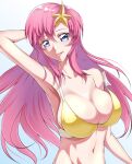  1girl armpits bangs bikini blue_background blue_eyes breasts cleavage gradient gradient_background gundam gundam_seed gundam_seed_destiny hair_between_eyes hair_ornament large_breasts long_hair meer_campbell navel parted_lips pink_hair r2pi smile solo star_(symbol) star_hair_ornament strap_slip swimsuit white_background yellow_bikini 