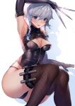  1girl :q alternate_costume amano_hagoromo arm_above_head arm_up armpits ass bangs bare_shoulders between_fingers black_gloves black_legwear black_leotard blue_bow blue_eyes blush bow braid breasts cleavage elbow_gloves eyebrows_visible_through_hair feet_out_of_frame fishnet_legwear fishnets glint gloves hair_between_eyes hair_bow hair_ribbon highres holding holding_knife izayoi_sakuya knife legband leotard looking_at_viewer medium_breasts no_headwear parted_lips ribbon short_hair_with_long_locks side_braids silver_hair solo swept_bangs thighhighs throwing_knife tongue tongue_out touhou tress_ribbon twin_braids weapon 