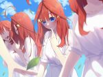  5girls ahoge bangs blue_eyes blue_sky blurry blurry_foreground blush breasts closed_mouth cloud collarbone commentary_request cosplay cowboy_shot day dress eyebrows_visible_through_hair faceless falling_leaves finger_to_mouth go-toubun_no_hanayome hair_between_eyes hair_ornament highres large_breasts leaf long_hair multiple_girls nakano_ichika nakano_itsuki nakano_itsuki_(cosplay) nakano_miku nakano_nino nakano_yotsuba open_mouth out_of_frame quintuplets red_hair see-through_sleeves short_sleeves siblings sidelocks sisters sky solo_focus standing star_(symbol) star_hair_ornament tamago_sando white_dress 