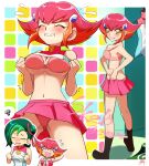  black_legwear blush bra breast_envy breasts chaya_mago closed_eyes clothes_hanger commission green_hair highres kouzuki_anna medium_breasts mizuki_kotori_(yu-gi-oh!) navel open_mouth panties parted_lips pink_bra pink_panties pink_skirt pleated_skirt red_hair shadow shirt_removed short_hair skeb_commission skirt smile socks standing underwear upskirt yellow_eyes yu-gi-oh! yu-gi-oh!_zexal 