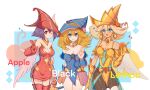  3girls absurdres apple_magician_girl bare_shoulders bike_shorts black_shorts blonde_hair blue_eyes blue_headwear blush boots breasts brown_eyes cleavage cowboy_shot dark_magician_girl dress duel_monster earrings eyebrows_visible_through_hair flipped_hair gloves hand_up hat heart highres jewelry large_breasts lemon_magician_girl long_hair looking_at_viewer multiple_girls off_shoulder one_eye_closed open_mouth platinum_blonde_hair raimo red_dress red_gloves red_headwear red_legwear short_hair shorts smile strapless strapless_dress thigh_boots thighhighs v wizard_hat yellow_gloves yellow_headwear yu-gi-oh! yu-gi-oh!_duel_monsters yu-gi-oh!_the_dark_side_of_dimensions 