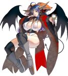  1girl :p absurdres ahoge bangs black_legwear blue_eyes blue_hair bow breasts cup demon_girl demon_tail facial_mark hair_bow highres horns large_breasts long_hair looking_at_viewer masao original platform_footwear solo tail thighhighs tongue tongue_out white_background wide_sleeves wings 
