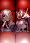  3girls bangs blunt_bangs brown_hair chair commentary_request dual_persona eyebrows_visible_through_hair eyeshadow grin hair_over_one_eye half-closed_eyes hand_on_own_cheek hand_on_own_face kagari_atsuko kou_eno light little_witch_academia long_hair luna_nova_school_uniform makeup multiple_girls open_mouth pink_hair pointing red_eyes robe school_uniform sharp_teeth sitting smile sucy_manbavaran teeth theater wide_sleeves 