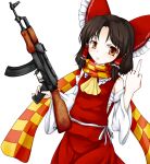  1girl ak-47 ascot assault_rifle bangs benikurage_(cookie) blush bow brown_eyes brown_hair closed_mouth commentary_request cookie_(touhou) cowboy_shot detached_sleeves frilled_bow frilled_hair_tubes frilled_shirt_collar frills gun hair_bow hair_tubes hakurei_reimu highres holding holding_gun holding_weapon looking_at_viewer middle_finger neko_mata orange_scarf parted_bangs red_bow red_shirt red_skirt ribbon-trimmed_sleeves ribbon_trim rifle sarashi scarf shirt short_hair simple_background skirt skirt_set sleeveless sleeveless_shirt solo striped striped_scarf touhou weapon white_background white_sleeves yellow_neckwear yellow_scarf 
