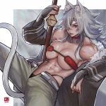  1girl abs ai_shou animal_ear_fluff animal_ears arm_rest artist_logo bangs bare_shoulders belt bikini black_bikini black_jacket breasts bridal_gauntlets cat_ears cat_tail choker cleavage collarbone commentary covered_nipples cowboy_shot dark_skin dark_skinned_female eyepatch fur-trimmed_jacket fur_trim ghislaine_dedoldia green_pants hair_between_eyes highleg highleg_bikini highres holding holding_sword holding_weapon jacket large_breasts leaning_on_object long_hair long_sleeves looking_at_viewer midriff mismatched_bikini muscular muscular_female mushoku_tensei navel off_shoulder open_belt open_pants pants parted_lips red_bikini red_choker red_eyes scar scar_on_cheek scar_on_face scar_on_stomach sheath sheathed sidelocks silver_hair solo strapless strapless_bikini swimsuit sword tail underboob weapon white_belt 