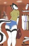  anthro badger bottomwear bulge clothing girly hi_res looking_at_viewer male mammal mustelid musteline public shorts solo store sunhuiz 