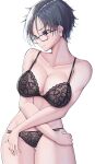  1girl absurdres bangs bare_arms black_bra black_hair black_panties blush bra breasts cleavage collarbone glasses hair_between_eyes hand_on_hip highres himeliofon large_breasts leaf_print looking_to_the_side mole mole_under_mouth original panties parted_bangs purple_eyes short_hair simple_background solo thick_thighs thighs underwear underwear_only white_background x_arms 