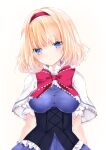  1girl alice_margatroid bangs blonde_hair blue_dress blue_eyes bow breasts capelet dress eyebrows_visible_through_hair frills hair_between_eyes hairband head_tilt highres looking_at_viewer medium_breasts nanase_nao parted_lips puffy_short_sleeves puffy_sleeves red_bow red_hairband short_sleeves simple_background solo touhou white_background white_capelet 