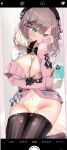  breast_hold kako_(bunny-garl) nijisanji no_bra nopan open_shirt pantyhose selfie suzuhara_ruru sweater 
