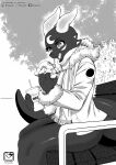  2020 absurd_res anthro bench beverage biped bottomless burger clothed clothing dragon eating female food greyscale hi_res hoodie horn jacket monochrome murazaki open_mouth outside scalie sitting smile solo topwear 