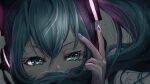  1girl absurdres aqua_eyes aqua_hair bangs floating_hair hair_between_eyes hair_ornament hair_over_mouth hatsune_miku headphones highres long_hair looking_at_viewer nail_polish portrait purple_nails shiny shiny_hair solo tsukitoinu vocaloid 