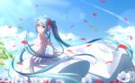  1girl absurdly_long_hair absurdres bangs blue_eyes blue_hair blue_sky cloud diadem dress eyebrows_visible_through_hair floating_hair flower from_side gloves hair_between_eyes hair_flower hair_ornament hatsune_miku highres hishiki_(pixi14719710) lens_flare long_dress long_hair looking_at_viewer parted_lips petals red_flower shiny shiny_hair sky sleeveless sleeveless_dress solo standing sunlight very_long_hair vocaloid white_dress white_flower white_gloves 