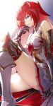 1girl absurdres aiu_eo armored_boots bare_shoulders blue_eyes boots detached_collar gauntlets godguard_brodia granblue_fantasy hair_ornament highres long_hair looking_at_viewer red_hair skirt solo thighs very_long_hair white_skirt 