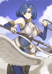  1girl absurdres armor asagao_21 bangs blue_eyes breastplate catria_(fire_emblem) fire_emblem fire_emblem:_new_mystery_of_the_emblem fire_emblem:_shadow_dragon_and_the_blade_of_light fire_emblem_echoes:_shadows_of_valentia headband highres holding holding_lance holding_polearm holding_weapon lance looking_at_viewer muneate pegasus_knight polearm short_hair upper_body weapon wings 