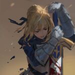  1girl ahoge armor armored_dress artoria_pendragon_(all) blonde_hair blue_dress blue_neckwear blue_ribbon chyoel crying dress excalibur_(fate/stay_night) fate/stay_night fate_(series) gauntlets hair_bun hair_ribbon highres holding holding_sword holding_weapon parted_lips planted_sword planted_weapon ribbon saber sketch solo sword tears upper_body weapon 