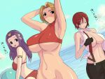  3girls arms_behind_head asamiya_athena ass b!sco ball beach beachball bikini blonde_hair blue_mary bottomless breasts cleavage commentary crop_top groin hairband midriff multiple_girls navel nipples no_bra no_panties out-of-frame_censoring purple_hair red_hair suspenders swimsuit the_king_of_fighters undressing vanessa_(kof) 