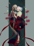  1girl arrow_(projectile) blouse bone dark fantasy flower hand_on_another&#039;s_head highres iridescent lian_yao original red_flower short_hair skeleton spider_lily straight_hair white_blouse white_hair 