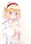  1girl alice_margatroid bangs blonde_hair blue_eyes blush breasts cleavage closed_mouth collarbone collared_shirt eyebrows_visible_through_hair frilled_hairband frills hair_between_eyes hairband highres looking_at_viewer medium_breasts naked_shirt nanase_nao navel open_clothes open_shirt red_hairband shirt solo touhou upper_body white_shirt 