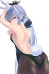  1girl animal_ears arm_up armpits ass back backless_leotard bare_back bare_shoulders black_gloves black_legwear black_leotard blue_hair blush breasts bunny-shaped_pupils bunny_ears bunny_tail from_behind fur-trimmed_gloves fur_trim gloves highres hikimayu hololive leotard long_hair looking_at_viewer looking_back masaya_tayo nape pantyhose playboy_bunny rabbit_girl red_eyes short_eyebrows shoulder_blades simple_background small_breasts solo strapless strapless_leotard tail thick_eyebrows trefoil usada_pekora virtual_youtuber white_background 