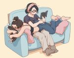  2girls across_lap bandana barefoot black_hair book bra brown_hair cat couch couple denim glasses heart highres jeans m_k multiple_girls original pants pillow reading simple_background socks topknot underwear yuri 