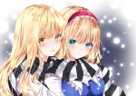  2girls :p adapted_costume alice_margatroid blonde_hair blue_dress blue_eyes blush breasts closed_mouth dress eyebrows_visible_through_hair eyes_visible_through_hair gradient gradient_background hair_between_eyes hairband hug kirisame_marisa long_hair looking_at_viewer medium_breasts multiple_girls nanase_nao no_hat no_headwear red_hairband scarf short_hair simple_background smile snowing striped striped_scarf tongue tongue_out touhou upper_body white_sleeves winter_clothes yellow_eyes yuri 