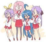  4girls absurdres ahoge black_legwear blue_eyes blue_hair bow brown_footwear closed_eyes eyebrows_visible_through_hair full_body glasses hair_between_eyes hair_bow hands_on_hips highres hiiragi_kagami hiiragi_tsukasa izumi_konata lemyawn long_hair looking_at_viewer lucky_star mole mole_under_eye multiple_girls neckerchief open_mouth pink_hair pout purple_bow purple_hair red_neckwear red_sailor_collar red_skirt ryouou_school_uniform sailor_collar school_uniform serafuku simple_background skirt smile standing takara_miyuki thighhighs twintails v white_legwear yellow_bow 