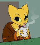  4_fingers anthro bethesda_softworks beverage clothed clothing coffee coffee_mug domestic_cat drinking felid feline felis female fingers katia_managan khajiit mammal prequel solo ta-na the_elder_scrolls tongue tongue_out video_games webcomic 