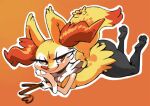  anthro bedroom_eyes bittenhard braixen butt canid canine female full-length_portrait fur holding_object inner_ear_fluff looking_at_viewer lying mammal narrowed_eyes nintendo on_front orange_background orange_eyes pok&eacute;mon pok&eacute;mon_(species) portrait seductive simple_background solo stick thick_thighs tuft video_games white_body white_fur yellow_body yellow_fur 
