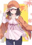  1girl blouse blush brown_eyes brown_hair cabbie_hat collarbone denim falling_leaves hat highres holding holding_clothes holding_hat jacket jeans leaf looking_at_viewer maple_leaf monogatari_(series) open_clothes open_jacket orange_headwear orange_jacket pants pink_blouse rauto ribbon sengoku_nadeko smile standing 