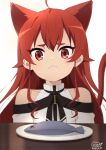  1girl ahoge animal_ears bangs bare_shoulders cat_ears cat_tail closed_mouth collarbone dated drooling eris_greyrat fish hair_intakes long_hair looking_at_viewer mushoku_tensei neki_(wakiko) plate red_eyes red_hair saliva shiny shiny_hair simple_background solo table tail tail_raised upper_body 