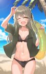  1girl beach bikini black_bikini black_bow black_ribbon blue_sky blush bow bow_bikini bow_bra bow_panties bra breasts camouflage camouflage_shirt cleavage collarbone eyebrows_visible_through_hair girls_frontline grey_hair hair_ribbon hand_on_head highres holding long_hair looking_at_viewer medium_breasts navel ocean open_clothes open_mouth open_shirt panties ribbon shirt simple_background sky solo standing stomach swimsuit swimwear ump40_(girls_frontline) underwear yellow_eyes yu_416416 
