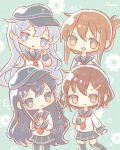  4girls akatsuki_(kancolle) anchor_symbol bangs black_headwear blue_eyes blush brown_hair chibi flat_cap folded_ponytail gears green_background hair_ornament hairclip hat hibiki_(kancolle) highres ikazuchi_(kancolle) inazuma_(kancolle) kantai_collection long_hair long_sleeves multiple_girls nada_namie neckerchief open_mouth pantyhose pleated_skirt ponytail purple_hair red_hair red_neckwear sailor_collar school_uniform serafuku short_hair sidelocks signature silver_hair simple_background skirt smile thighhighs 