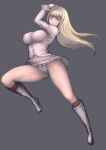  1girl arm_up bangs blonde_hair blue_eyes blue_panties blunt_bangs boots breasts cameltoe covered_nipples facing_away fingerless_gloves floating_hair full_body gloves grey_background highres johan_(johan13) knee_boots kneehighs large_breasts lili_(tekken) long_hair looking_away looking_to_the_side miniskirt panties red_legwear shirt simple_background skirt solo straight_hair tekken thighs underwear white_footwear white_gloves white_shirt white_skirt 