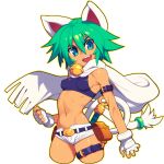  1girl animal_ears aqua_eyes arm_strap bell belt beryl_(shinrabanshou) cat_ears cat_tail cowboy_shot cropped_legs fangs fingerless_gloves gloves green_eyes green_hair hair_between_eyes looking_at_viewer metata micro_shorts midriff nail_polish navel open_mouth outline scarf shinrabanshou short_hair short_shorts shorts smile solo tail tail_ornament tail_ring teeth thigh_strap upper_teeth white_background white_gloves 