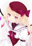  1girl :d bangs beret blonde_hair bow crystal dress eyebrows_visible_through_hair fang flandre_scarlet frilled_sailor_collar frills gradient gradient_background grey_background hair_between_eyes hair_bow hat highres juliet_sleeves long_hair long_sleeves looking_at_viewer nanase_nao one_side_up open_mouth puffy_sleeves purple_bow red_eyes red_headwear sailor_collar sailor_dress smile solo touhou white_background white_dress white_sailor_collar wings 